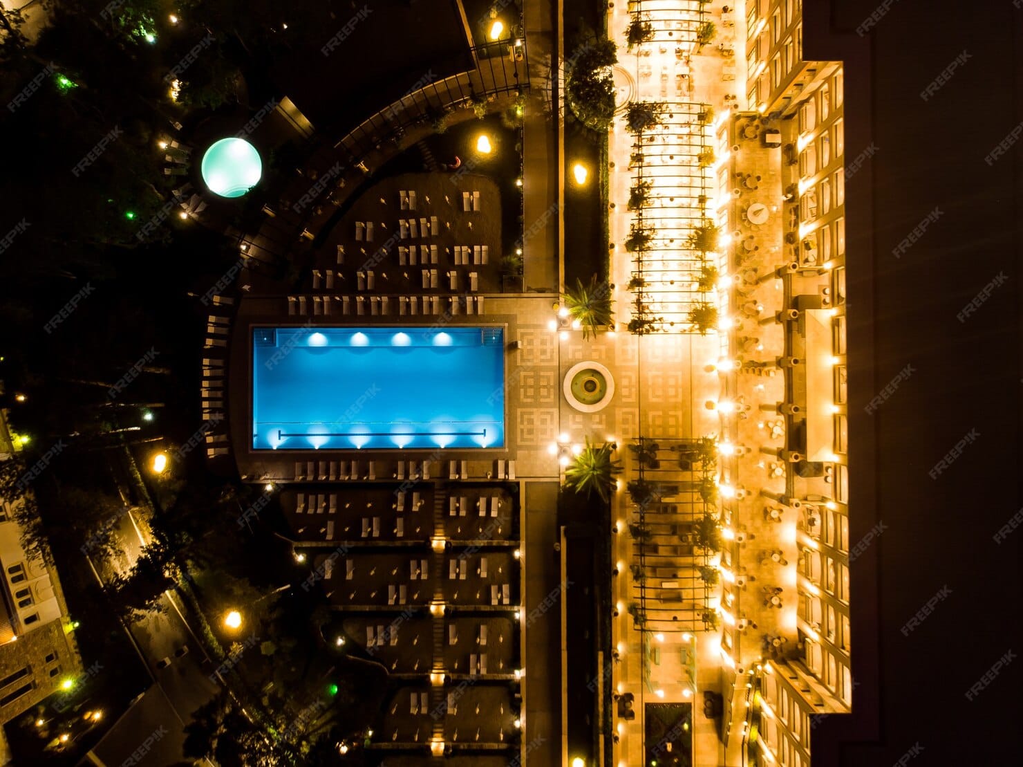 Aerial View From Night Evening Drone View Five Star Hotel Pool Bulgaria Summer Luxurious Resort_134319